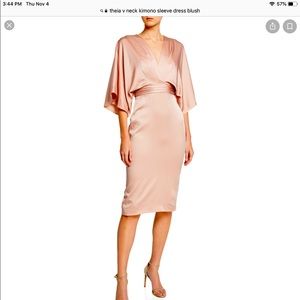 Theia blush v neck kimono sleeve satin dress